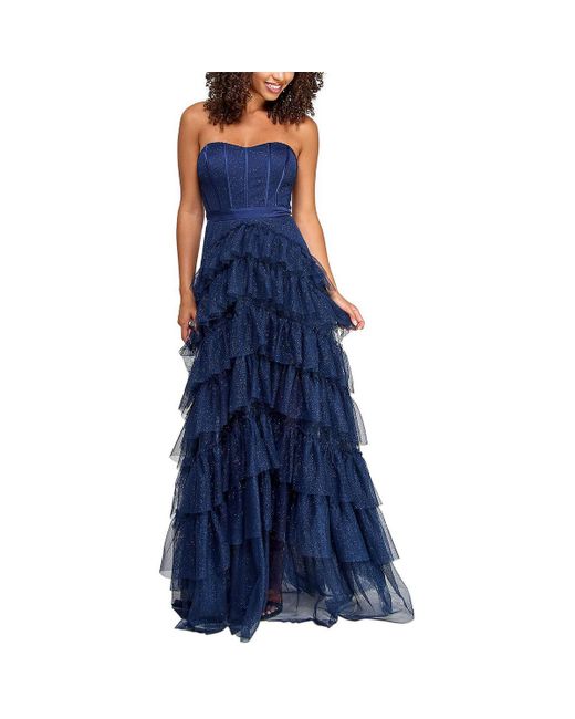 Pear Culture Blue Juniors Glitter Tiered Evening Dress