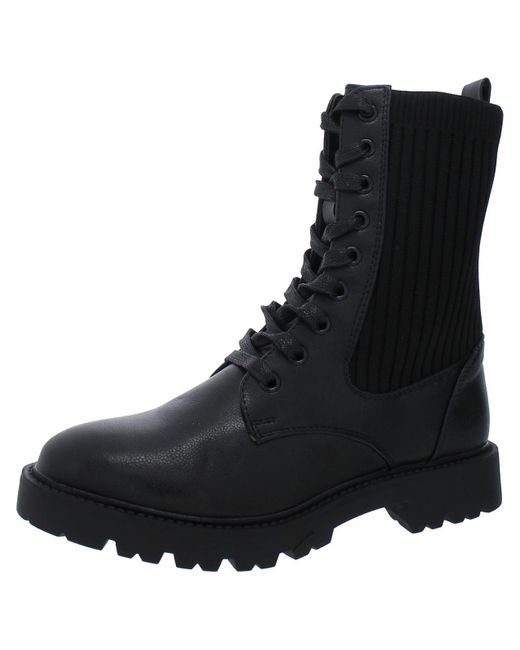 French Connection Black Leather Knit Combat & Lace-up Boots