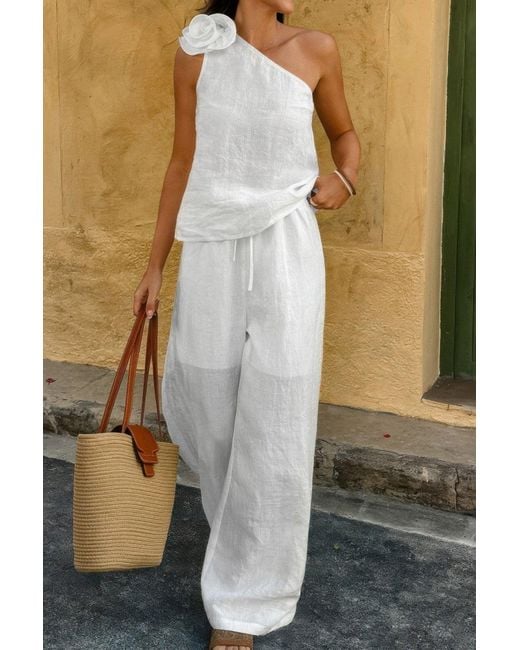 TRUEDAMES Brown Floral Trim Linen A Tank Top And Pants Set