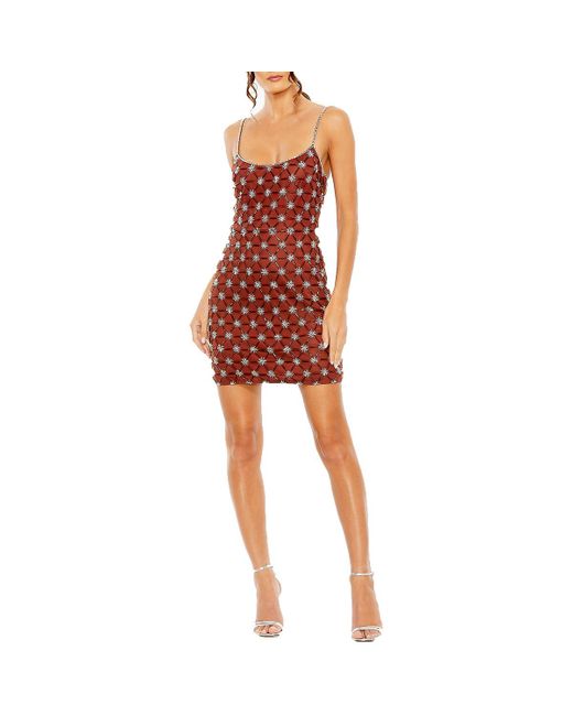 Mac Duggal Red Beaded Mesh Mini Dress