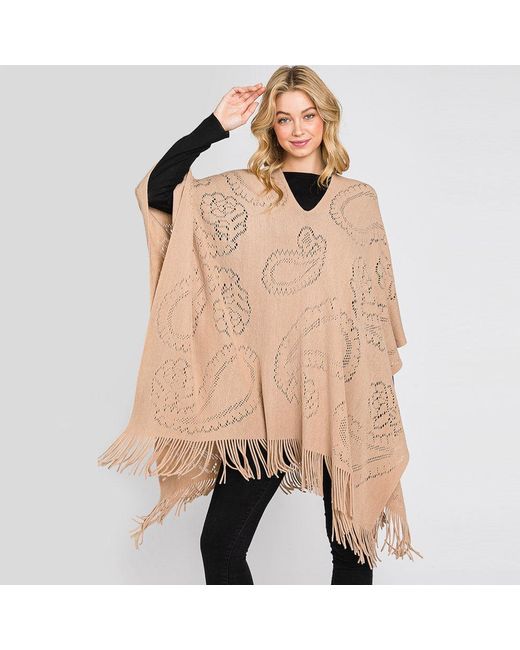 TRUEDAMES Natural Patterned Fringe Poncho