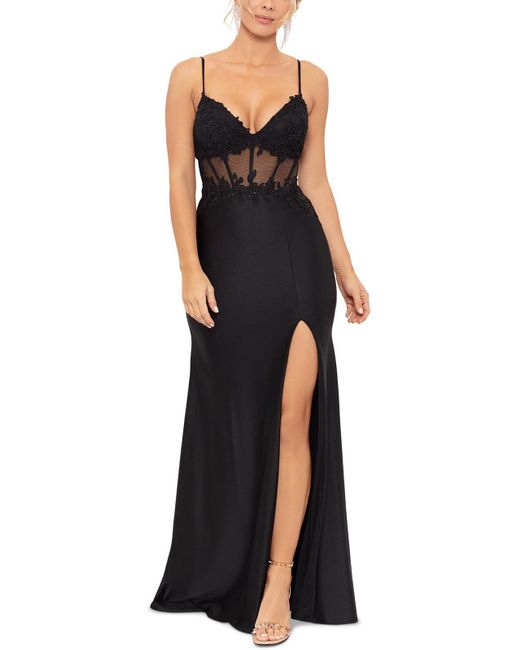 Aqua Black Sateen Embellished Evening Dress