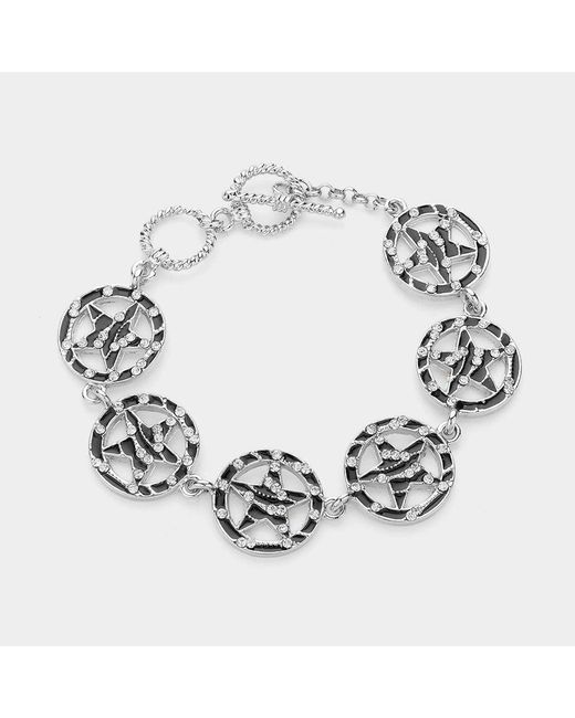 Fashnzfab Metallic Zebra Patterned Stone Paved Star Link Bracelet, Clear, Rhodium