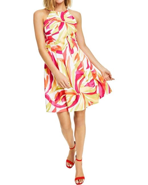 Vince Camuto Red Above Knee Printed Workwear Halter Dress