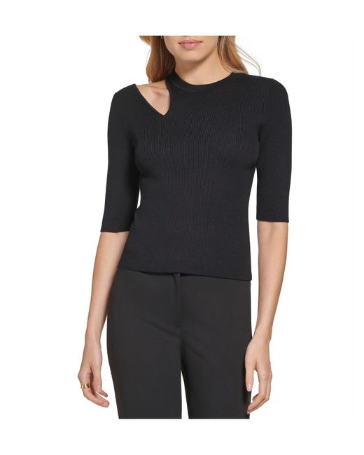 DKNY Black Shoulder Cut-out Ribbed Pullover Top