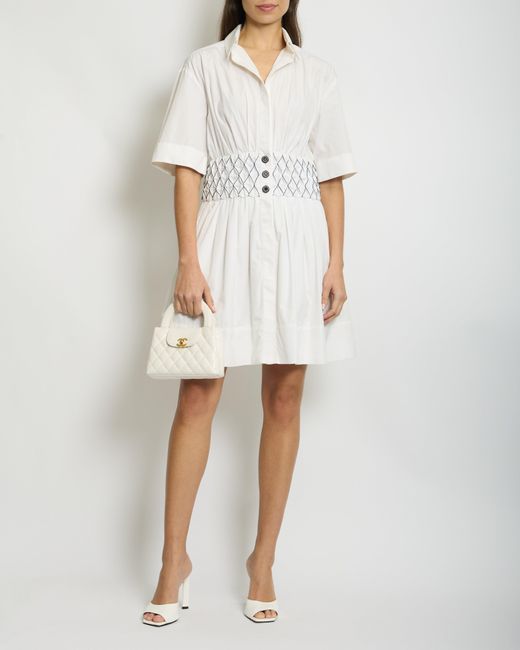 Chanel White 19ccotton Shirt Dress With Navy Quilted Stitching Detail And Embellished Buttons