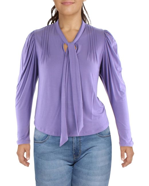 Lauren by Ralph Lauren Purple Shutter Pleat Shoulder Neck Tie Blouse