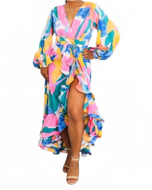 SurelyMine Blue Color Splash Ruffle Wrap Maxi Dress With Balloon Sleeves