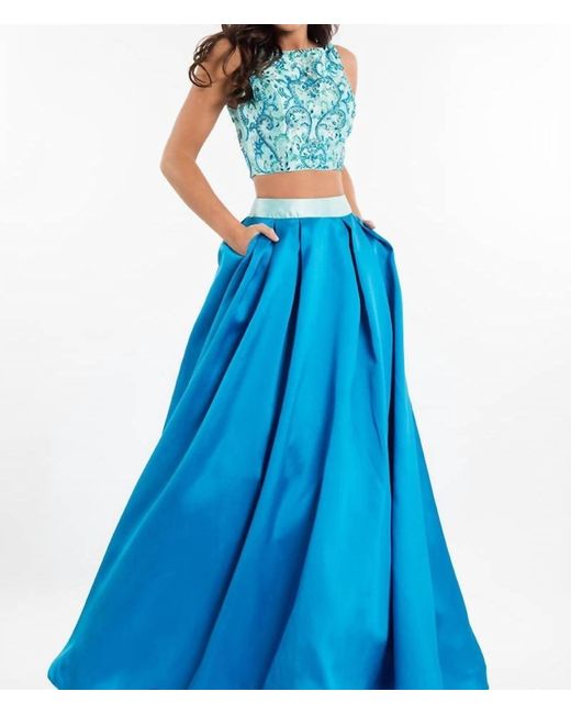 Rachel Allan Blue Two-Piece Beaded Mikado Prom Gown