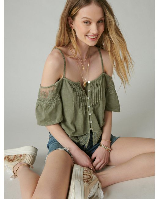 Lucky Brand Green Embroidered Lace Cold Shoulder Top