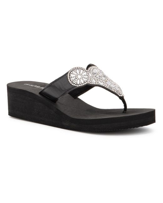 Olivia Miller Faux Leather Rhinestone Wedge Sandals in Black Lyst