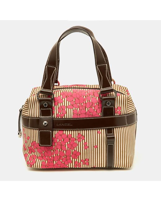 Lancel Red Color Floral Fabric And Leather Zip Satchel