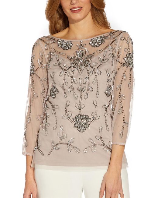 Adrianna Papell Brown Hand-beaded Illusion Blouse