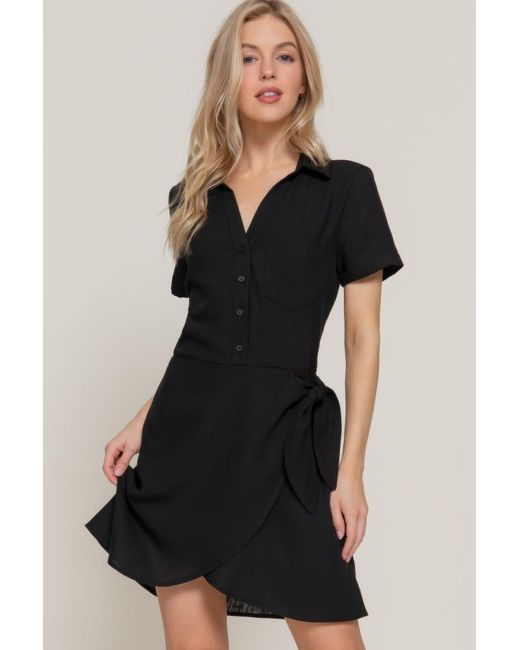 TRUEDAMES Black Button Down Side Bow Linen Effect Mini Dress