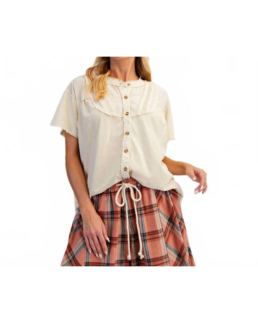 Easel Brown Short-Sleeve Button-Down Peasant Blouse