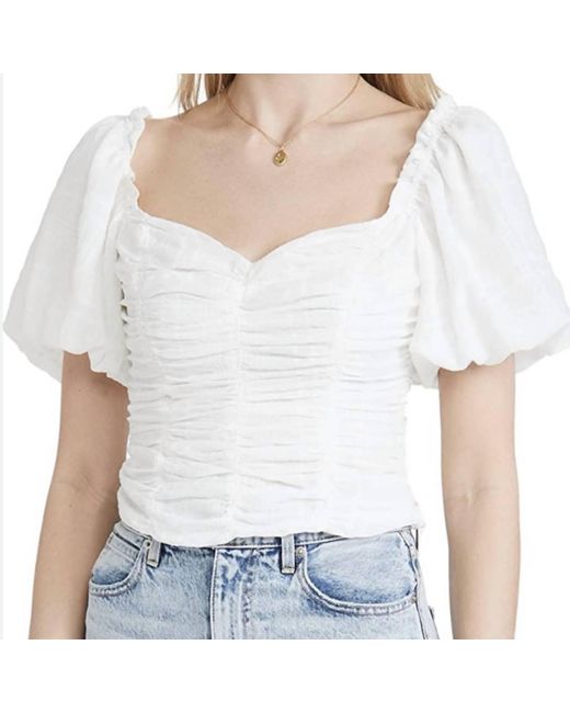 Astr White Ruched Short Puff Sleeve Top