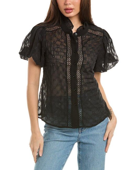 Gracia Black See-through Lace Puff Sleeve Shirt