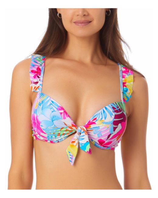 California Waves Blue Ruffled Underwire Bikini Swim Top
