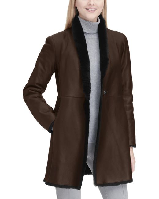 Calvin Klein Brown Lamb Shearling Reversible Leather Coat