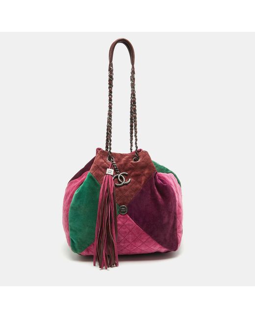 Chanel Pink Color Quilted Suede Patchwork Drawstring Bucket Bag