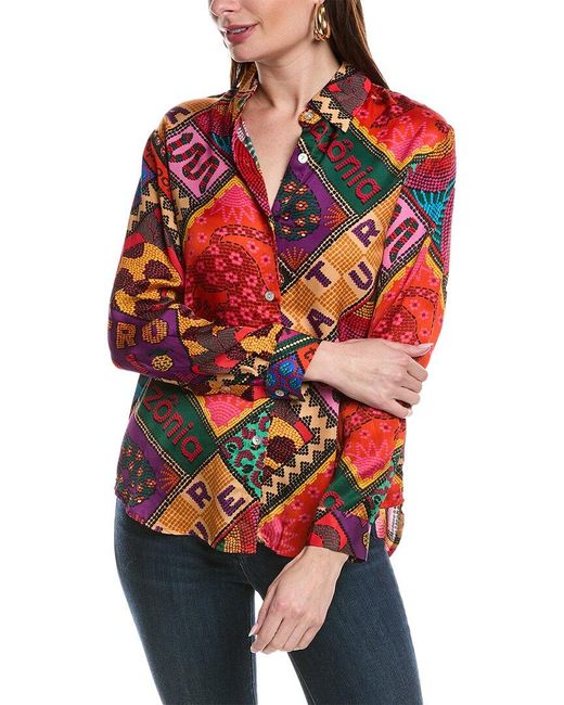 Farm Rio Red Dotted Patch Scarf Shirt