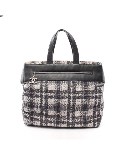 Chanel Metallic Coco Mark Handbag Tote Bag Tweed Print Nylon Leather Multicolor Silver Hardware