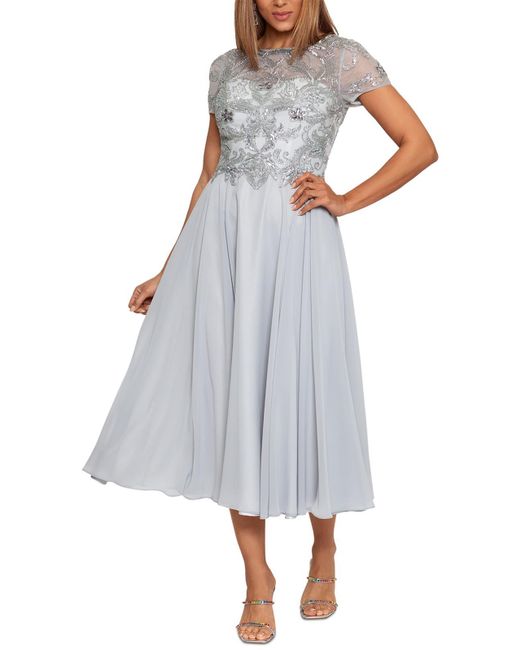 Xscape White Beaded Midi Cocktail And Party Dress