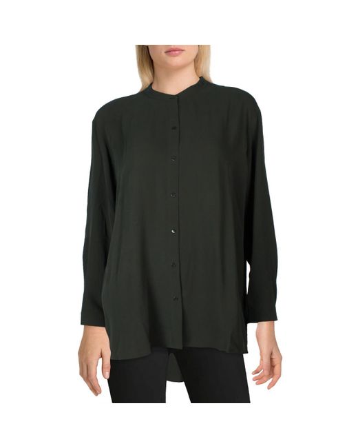 Eileen Fisher Black Silk Collared Button-Down Top