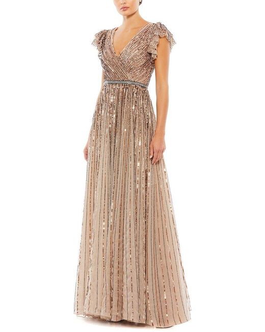 Mac Duggal Natural Sequined Wrap Over Ruffled Cap Sleeve Gown