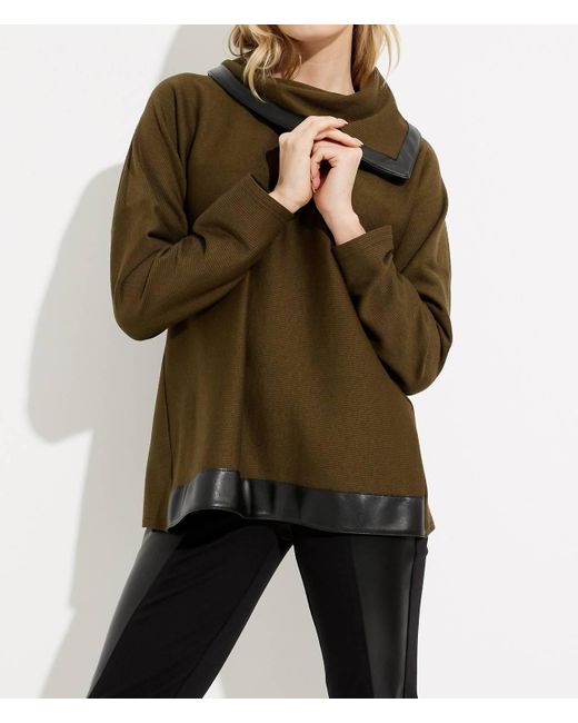 Joseph Ribkoff Green Faux Leather Contrast Trim Sweater
