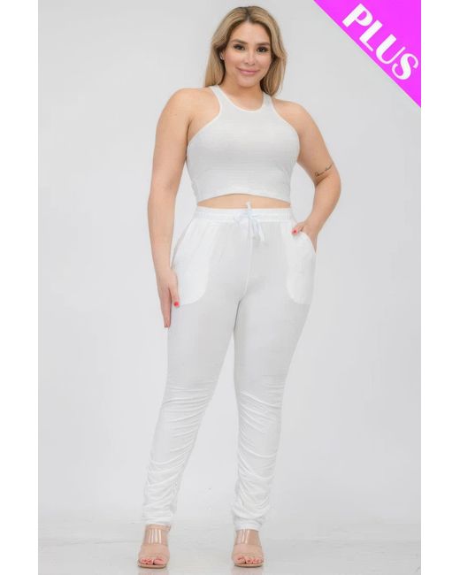 Fashnzfab White Plus Size Crop Tank Top & Ruched Pants Set