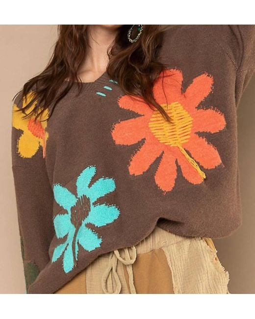 Pol Orange Happy Days V-neck Floral Sweater With Fringe Details