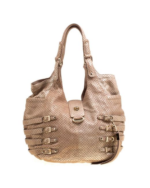 Jimmy Choo Natural Perforated Leather Bardia Buckle Shoulder Bag