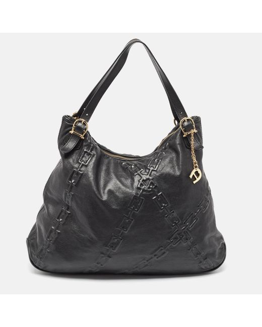 Aigner Black Chain Embossed Leather Hobo