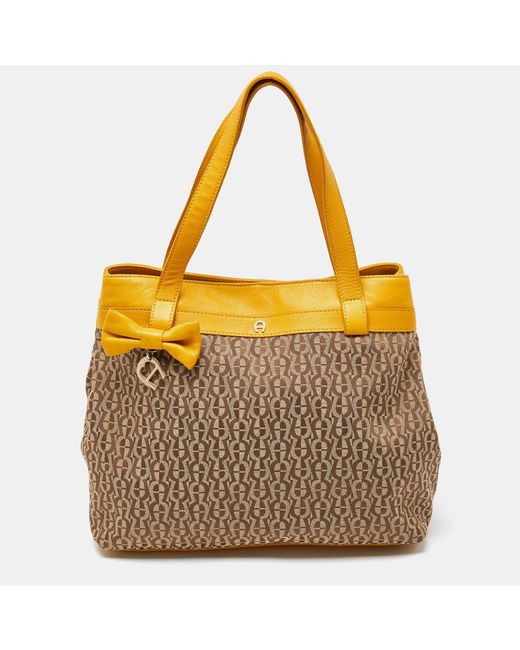 Aigner Yellow /mustard Signature Canvas And Leather Tote