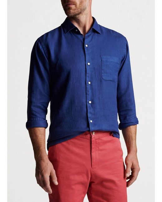 Peter Millar Blue Coastal Garment Dyed Linen Sport Shirt for men