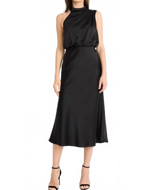 Maggy London Black One Shoulder Asymmetrical Midi Dress