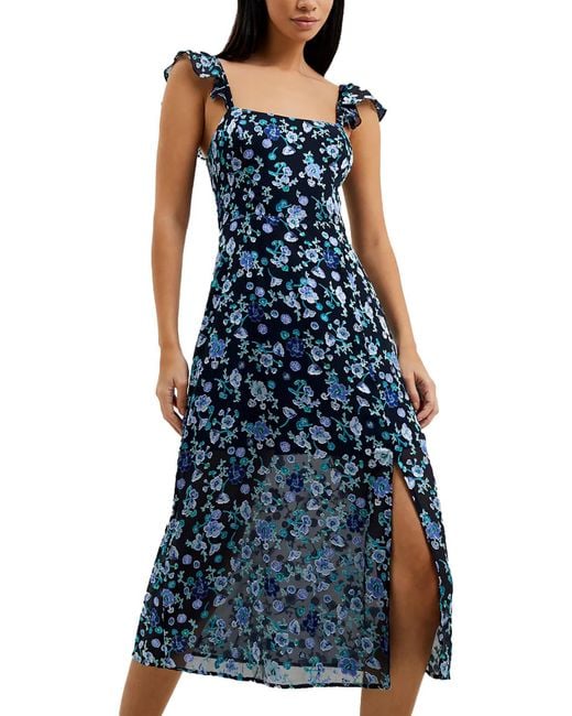 French Connection Blue Bette Floral Print Flutter Sleeve Midi Dress