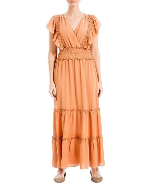 Max Studio Orange Crepe Flutter Sleeve V-neck Smocked Maxi Dress