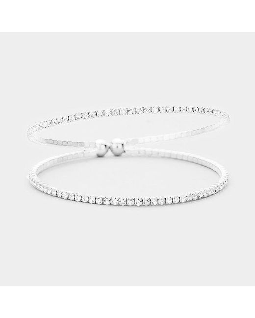 Fashnzfab White 2Row Split Layer Rhinestone Pave Cuff Evening Bracelet Clear