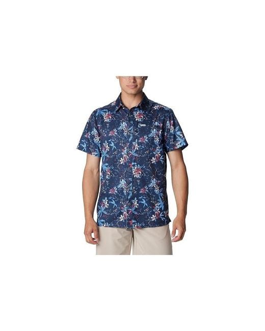 Columbia Blue Super Slack Tide Camp Shirt Short Sleeve Button Up Fts886 for men