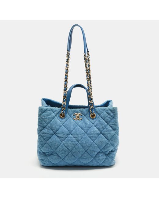 Chanel Blue Light Quilted Terry Cloth Coco Beach Shopper Tote