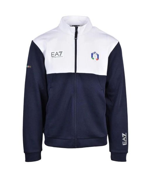 EA7 Blue Polyester Cotton Zip Hoodie for men