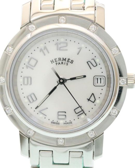 Hermès Gray Hermes Watch 12 Diamond Stones Tone Stainless Auth 18908a