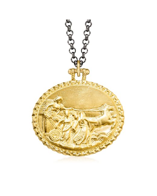 Ross-Simons Metallic Sterling Silver And 18kt Yellow Over Sterling Ancient Greek Scene Medallion Pendant Necklace With Black Rhodium