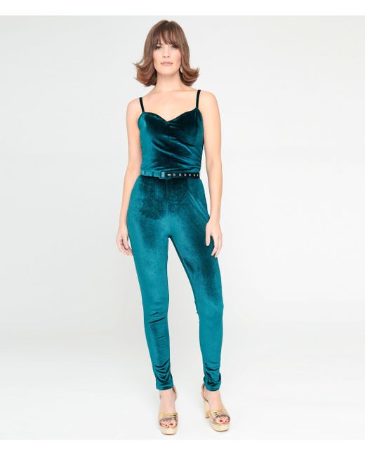 Unique Vintage Blue 1970s Teal Velvet Jumpsuit