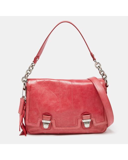 COACH Red Coral Leather Poppy Flap Shoulder Bag