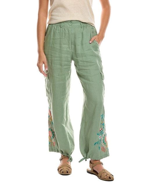 Johnny Was Green Drawstring Hem Linen Cargo Pant