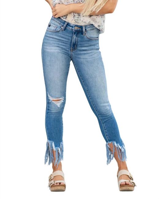 Kancan Blue Dalton Mid Rise Fringe Ankle Skinny Jeans