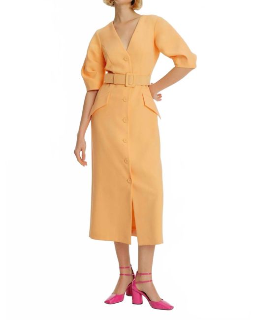 Exquise Women's Natural Belted Puff Sleeve Maxi Dress